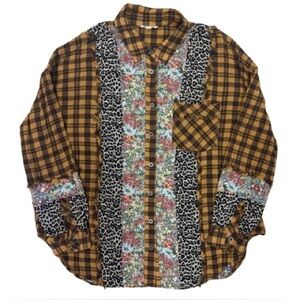 ODDY Women’s Plaid Animal Print Floral Patchwork Button-Down Boho Shirt Sz L